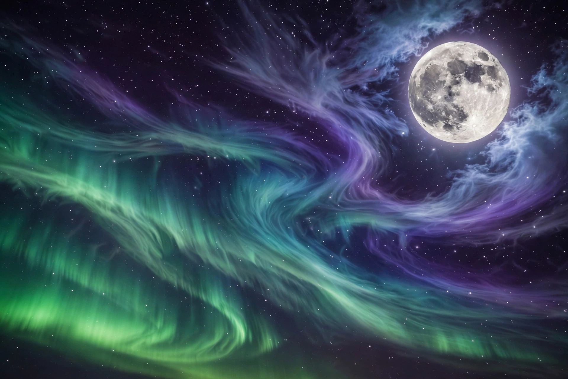 Northern lights and a full moon over a starry sky